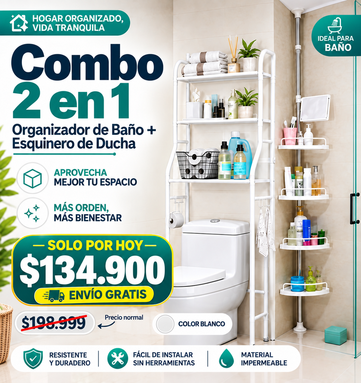 COMBO 2 EN 1🔥 Esquinero 4 niveles + Organizador de baño ✨