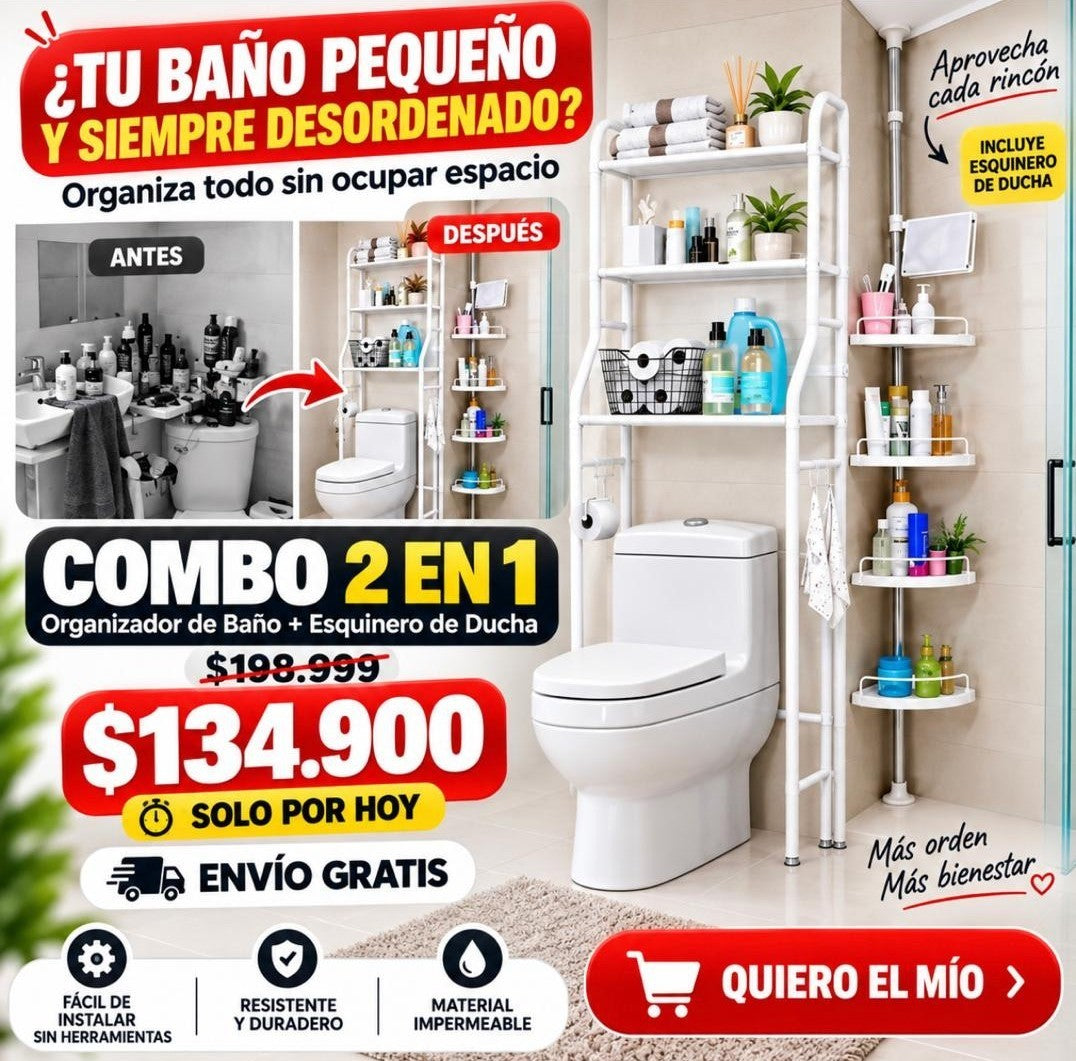 COMBO 2 EN 1🔥 Esquinero 4 niveles + Organizador de baño ✨